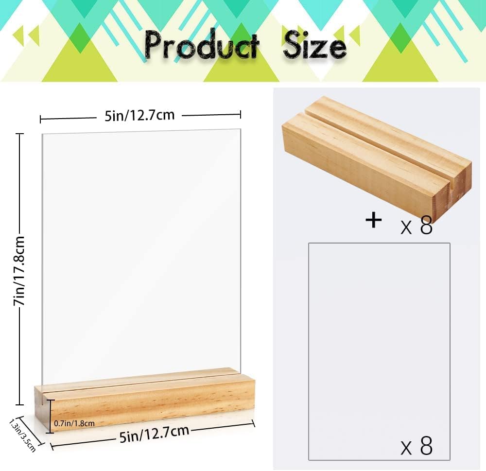 8 Pack 5 x 7 Inch Blank Clear Acrylic Table Displays with Wooden Stands - Ideal for DIY Name Cards, Menu Numbers, and Event Party Decorations(SINGLE LAYER)
