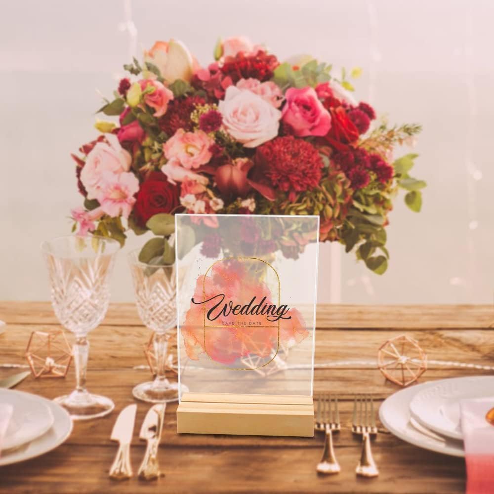8 Pack 5 x 7 Inch Blank Clear Acrylic Table Displays with Wooden Stands - Ideal for DIY Name Cards, Menu Numbers, and Event Party Decorations(SINGLE LAYER)