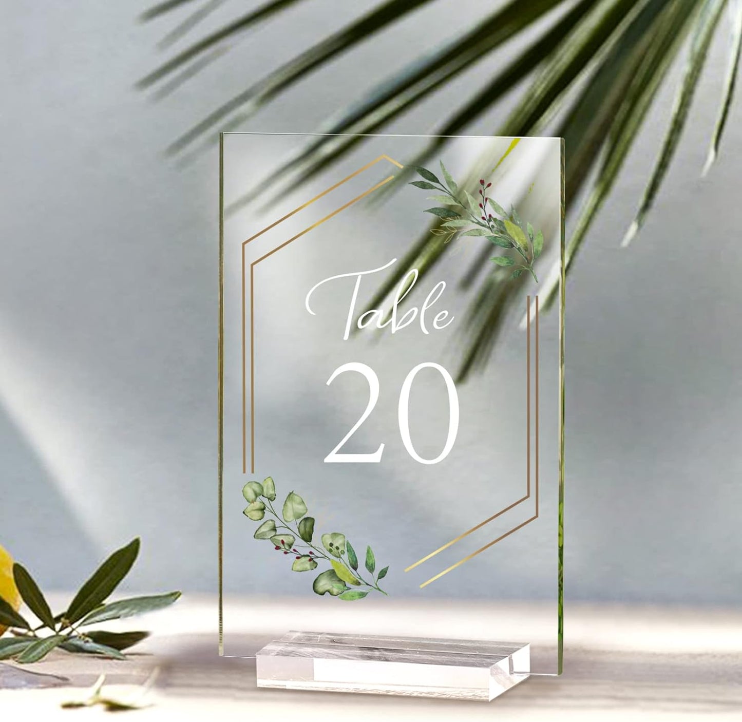 OurWarm Acrylic Wedding Table Numbers 1-20 with Stands, 4x6 Inch Clear Acrylic Sign Place Cards with Gold Trim Green Floral Theme for Wedding Reception Bridal Shower Wedding Table Decorations