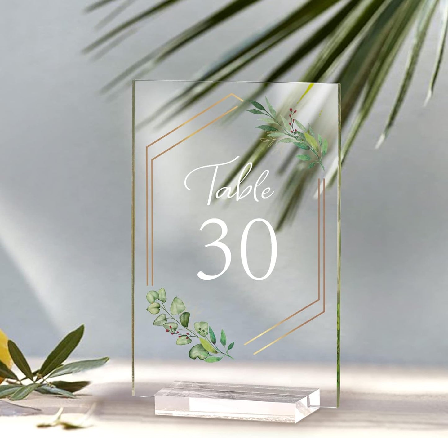 OurWarm Acrylic Wedding Table Numbers 1-20 with Stands, 4x6 Inch Clear Acrylic Sign Place Cards with Gold Trim Green Floral Theme for Wedding Reception Bridal Shower Wedding Table Decorations