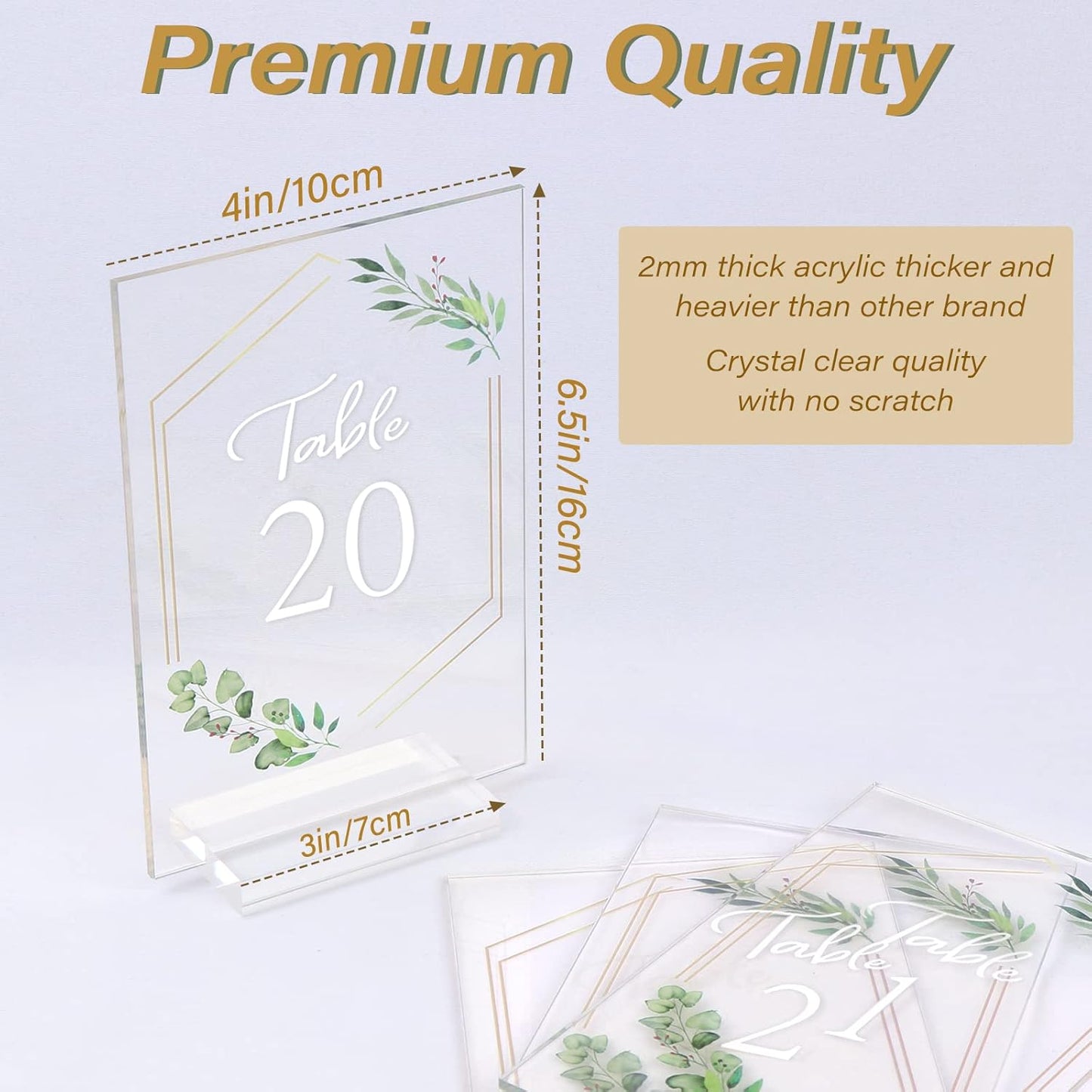OurWarm Acrylic Wedding Table Numbers 1-20 with Stands, 4x6 Inch Clear Acrylic Sign Place Cards with Gold Trim Green Floral Theme for Wedding Reception Bridal Shower Wedding Table Decorations