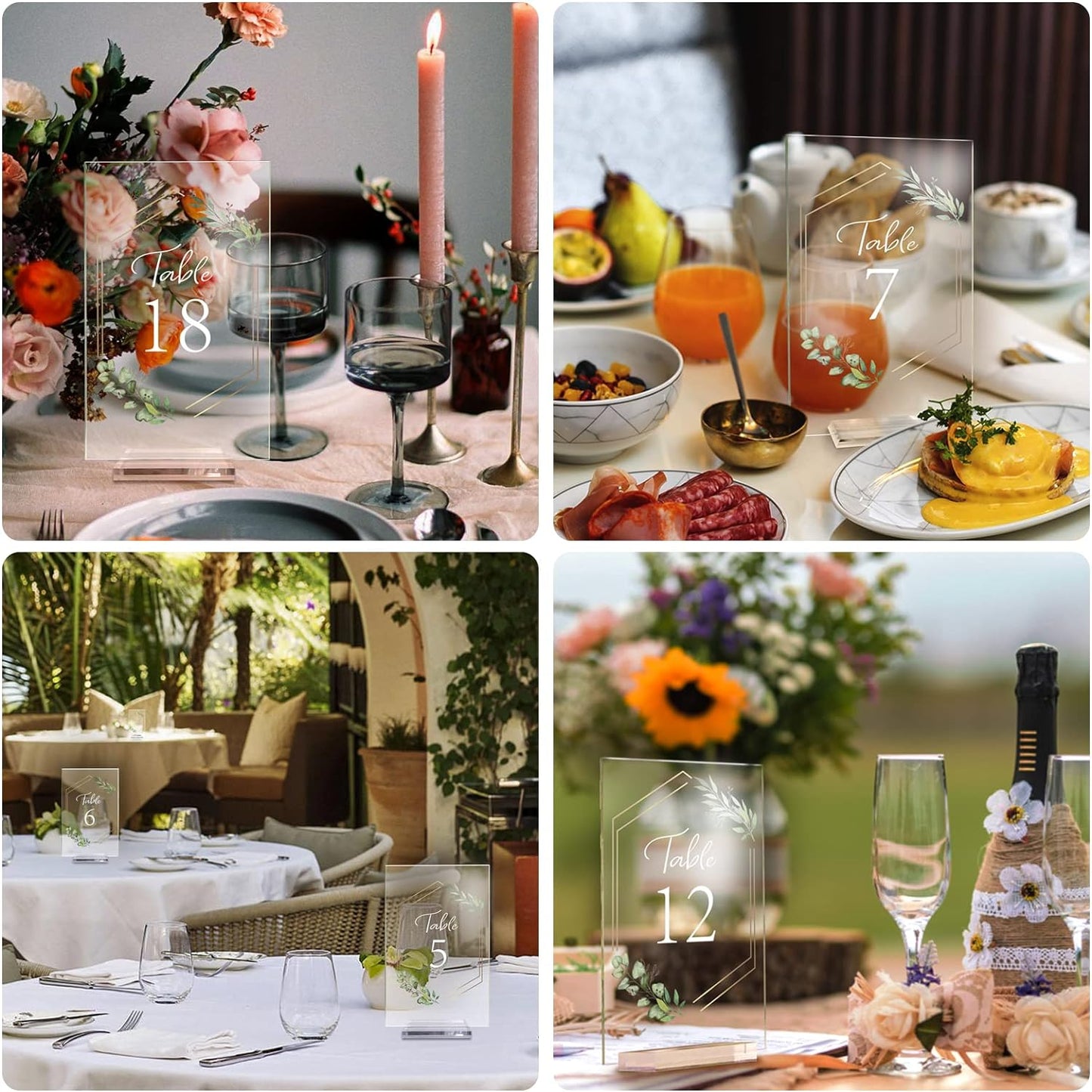OurWarm Acrylic Wedding Table Numbers 1-20 with Stands, 4x6 Inch Clear Acrylic Sign Place Cards with Gold Trim Green Floral Theme for Wedding Reception Bridal Shower Wedding Table Decorations
