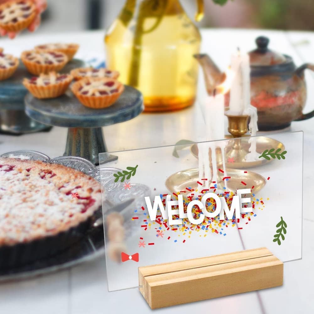 8 Pack 5 x 7 Inch Blank Clear Acrylic Table Displays with Wooden Stands - Ideal for DIY Name Cards, Menu Numbers, and Event Party Decorations（SINGLE LAYER）
