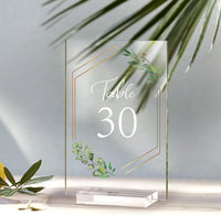 OurWarm Acrylic Wedding Table Numbers 1-20 with Stands, 4x6 Inch Clear Acrylic Sign Place Cards with Gold Trim Green Floral Theme for Wedding Reception Bridal Shower Wedding Table Decorations
