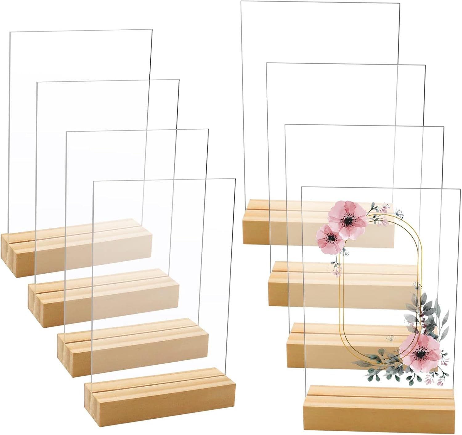 Table Display Card 8 Pack 5 x 7 Inch Blank Clear Acrylic Table Displays with Wooden Stan ...
