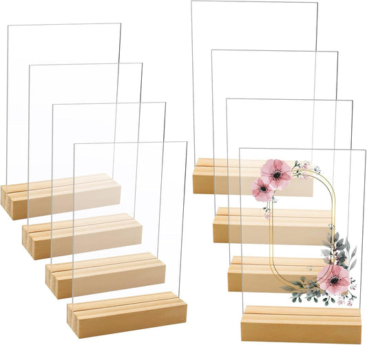 8 Pack 5 x 7 Inch Blank Clear Acrylic Table Displays with Wooden Stands - Ideal for DIY Name Cards, Menu Numbers, and Event Party Decorations（SINGLE LAYER）