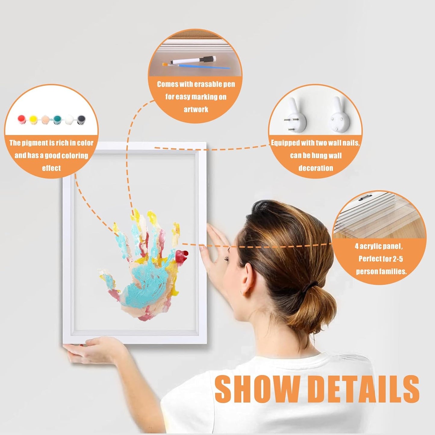 Family Handprint Kit - DIY Craft Keepsake Frame with Clear Acrylic Boards & Non-Toxic Paints, Unique Gift for New Families & Pets (White)