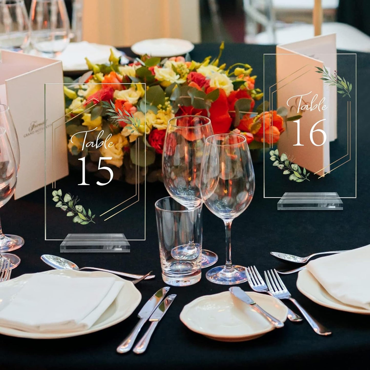 OurWarm Acrylic Wedding Table Numbers 1-20 with Stands, 4x6 Inch Clear Acrylic Sign Place Cards with Gold Trim Green Floral Theme for Wedding Reception Bridal Shower Wedding Table Decorations