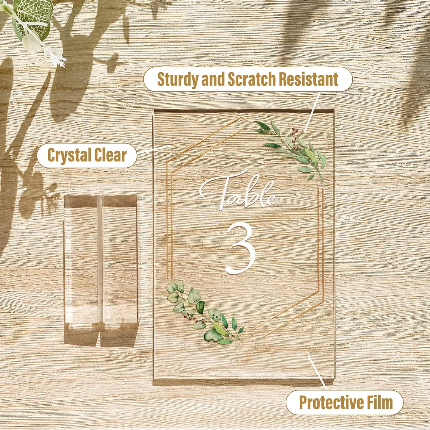 OurWarm Acrylic Wedding Table Numbers 1-20 with Stands, 4x6 Inch Clear Acrylic Sign Place Cards with Gold Trim Green Floral Theme for Wedding Reception Bridal Shower Wedding Table Decorations