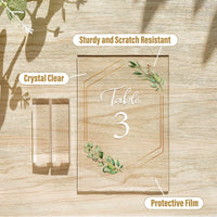 OurWarm Acrylic Wedding Table Numbers 1-20 with Stands, 4x6 Inch Clear Acrylic Sign Place Cards with Gold Trim Green Floral Theme for Wedding Reception Bridal Shower Wedding Table Decorations